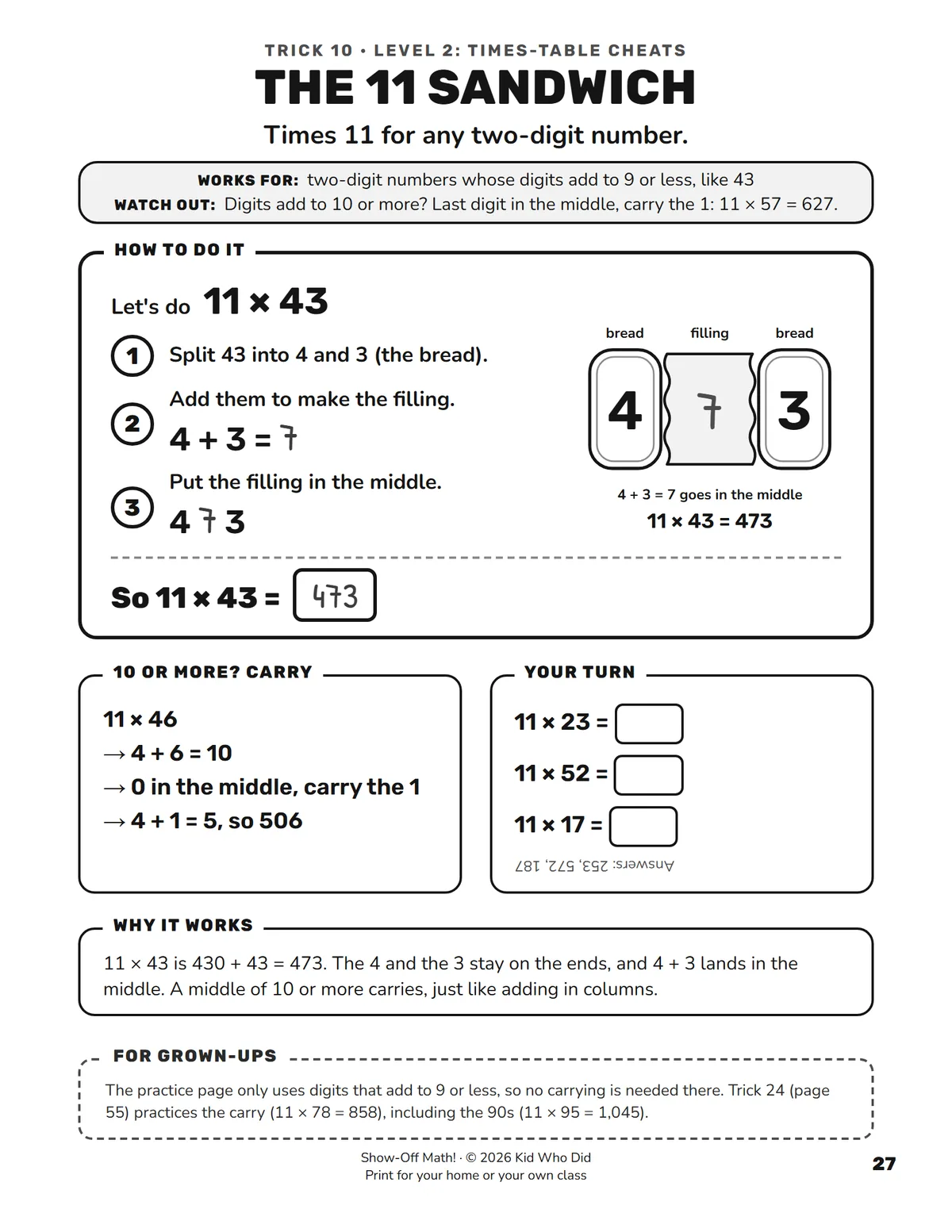The lesson page for Trick 10, The 11 Sandwich, with steps, a worked example, the carry case, three problems, why it works, and a note for grown-ups.