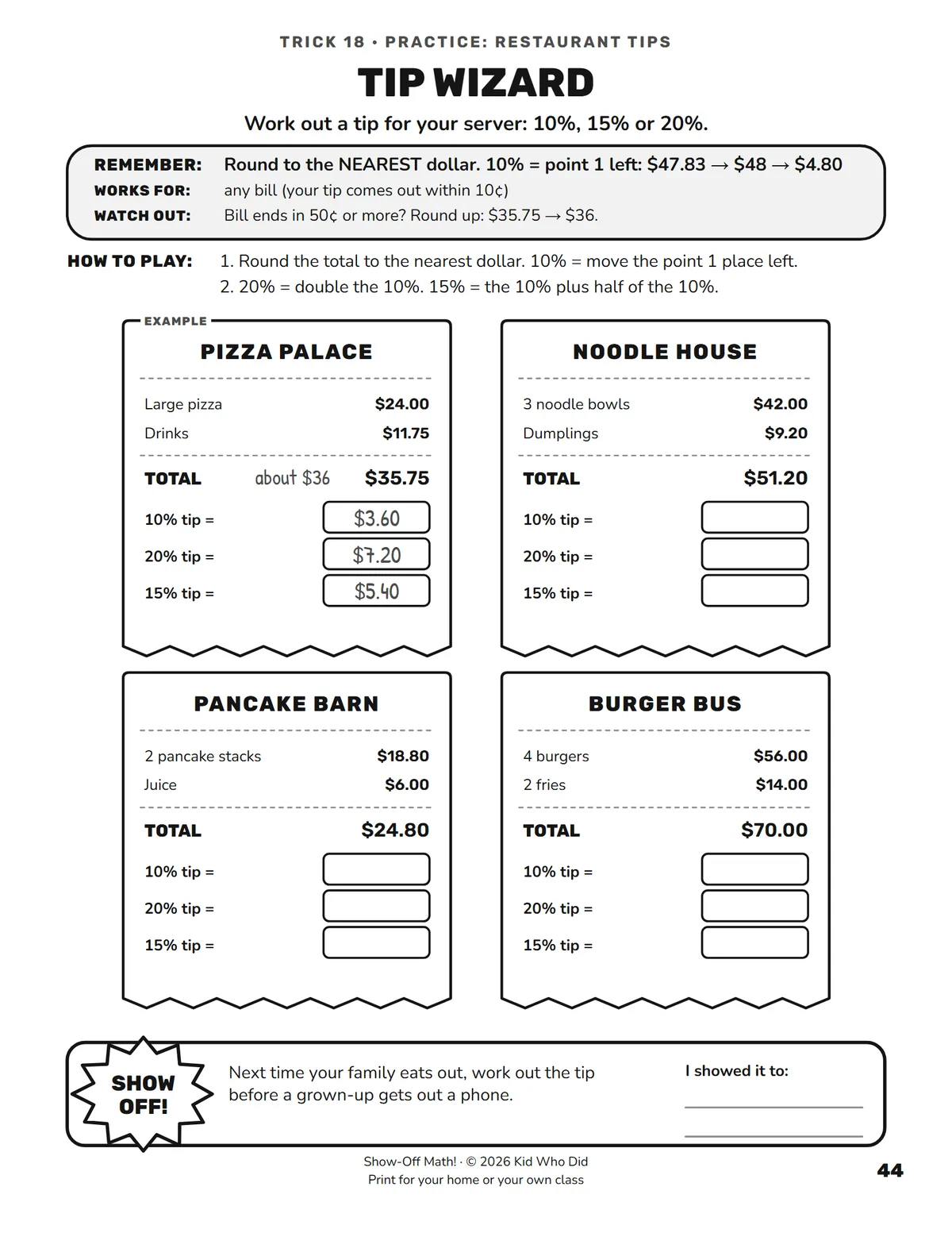 The activity page for Trick 18, Tip Wizard, with four restaurant receipts to work out tips on.