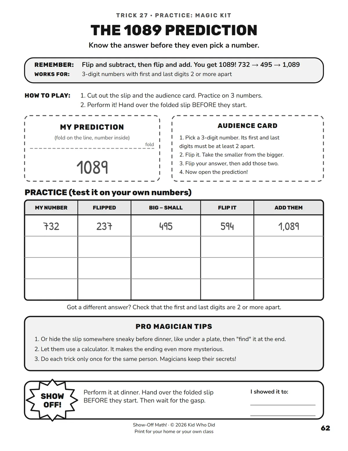 The activity page for Trick 27, the 1089 Prediction, with a prediction slip to cut out, an audience card, and a practice table.