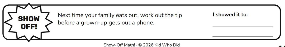 The SHOW OFF strip at the bottom of an activity page, with a challenge for a grown-up and a line for who your kid showed it to.